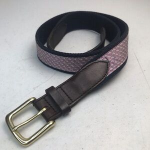 Vineyard Vines Canvas Club Belt Brown Leather Embossed Whale Pink Whale Sz 32